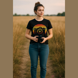 Retro Camera Graphic T-Shirt Black Tee Women Size XL